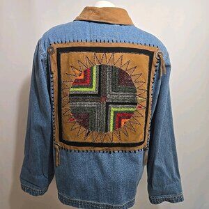 Chicos Denim Jacket Size 1 (=M) Colorful Beaded Embroidered Back Patch